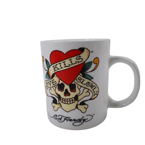 Ed Hardy Traditional Tattoo Art "Love Kills Slow" Skull Coffee Mug - Picture 3 of 4